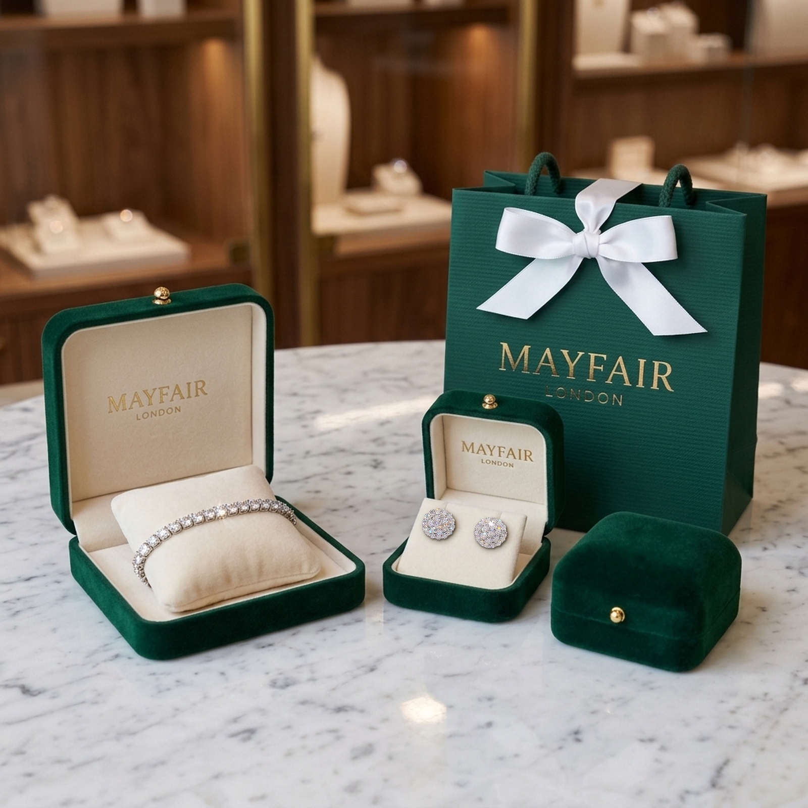 Mayfair London Imperial Emerald Velvet Presentation Vault with Gold Clasp and Boutique Gift Bag