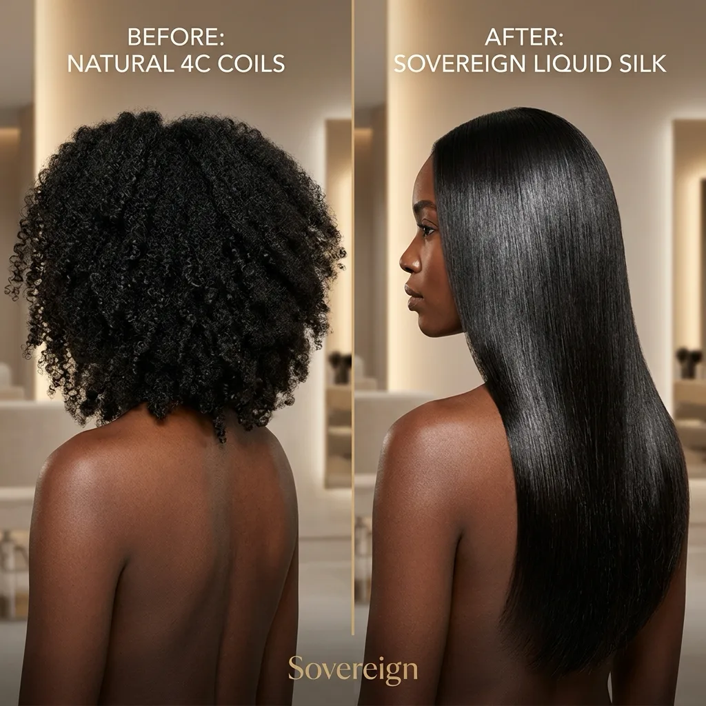Diamond Protocol transformation — frizzy 4C hair before, mirror-like silk after